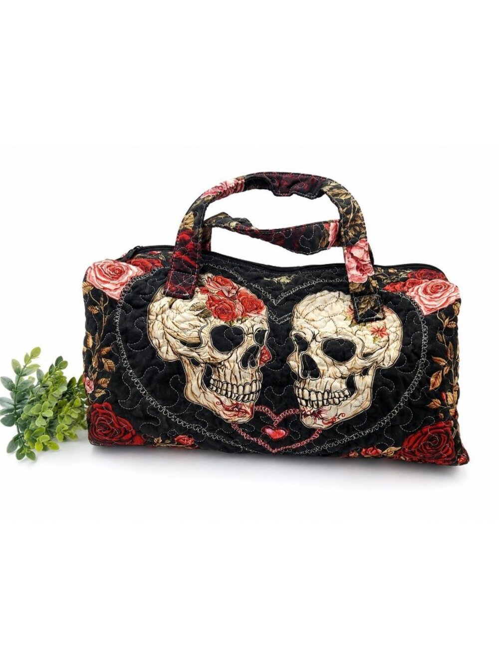 Vintage Handmade Quilted Skull & Rose Duffle Bag Gothic Floral Overnight Travel